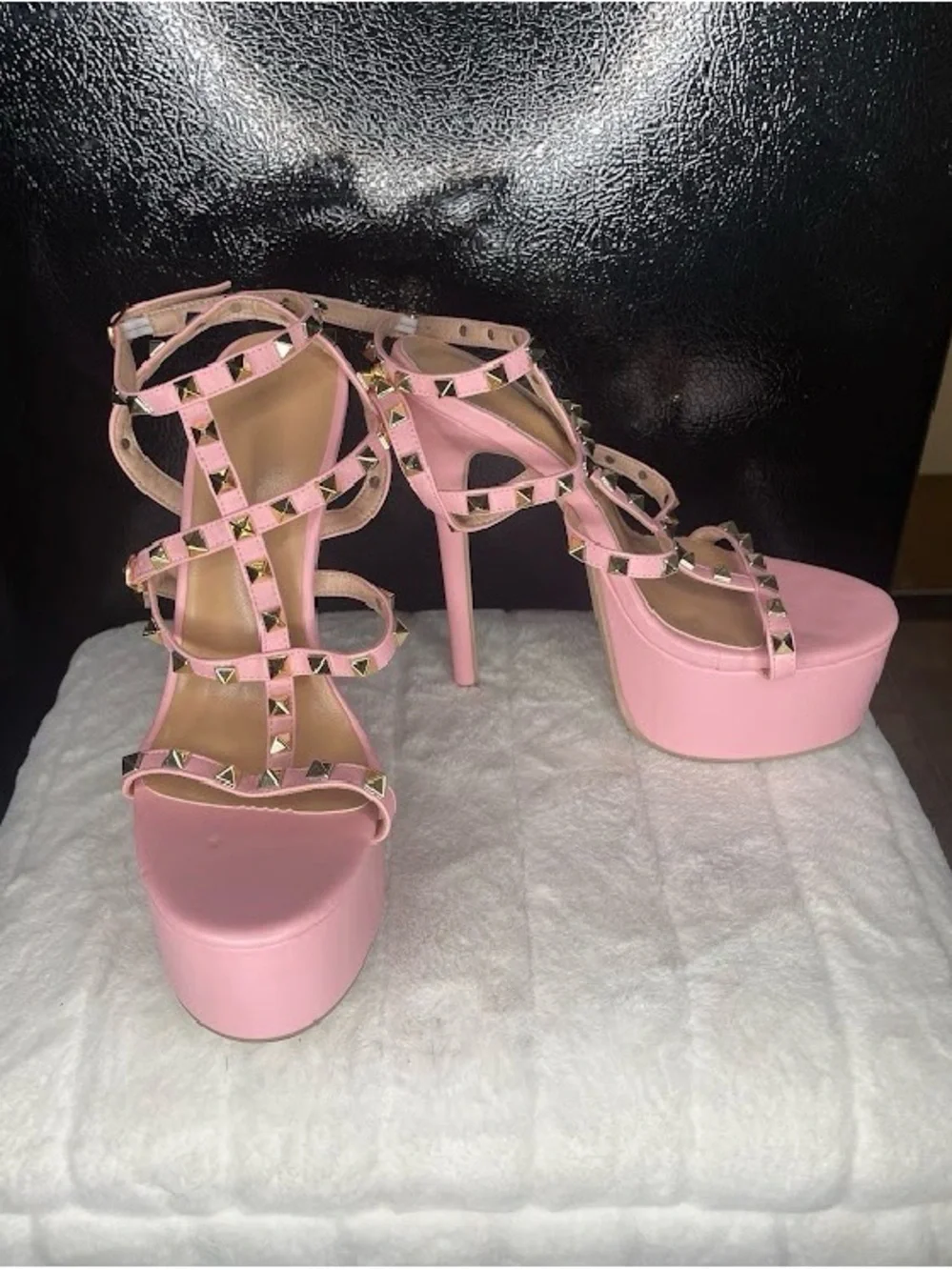 Pink Studded Strappy Platform Heels